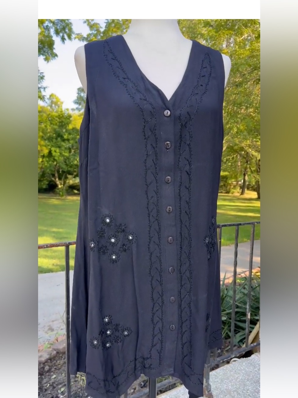 Vintage black embroidered festival rayon button up dress whimsygoth fairy XL NWT